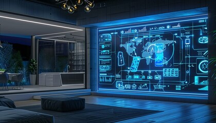 A large screen with a blue background and a map of the world