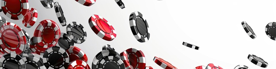A bunch of red and black poker chips are flying through the air
