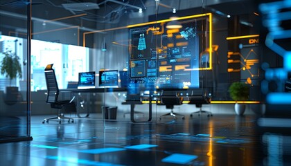 A computer room with a large monitor and several computer monitors