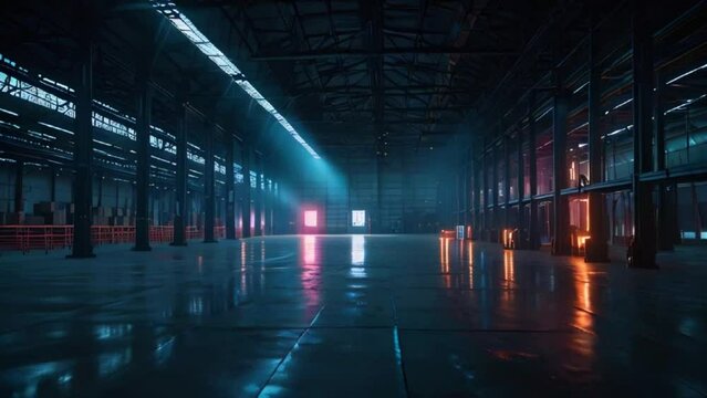 The video is of the inside of a large, empty warehouse with concrete floors and large support columns. There is a strong light in the center of the image, and the floor is wet and reflecting the light