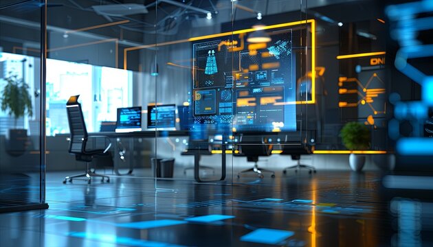 A computer room with a large monitor and several computer monitors