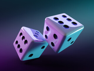 Neon 3d play casino game cube dice on dark black background render. Two white die roll with random numbers in motion. Night banner for vip gambling and board games, Vegas online app. 3D illustration