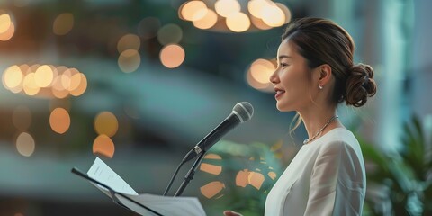 Confident Professional Woman Delivers Engaging Keynote Speech at Business Conference