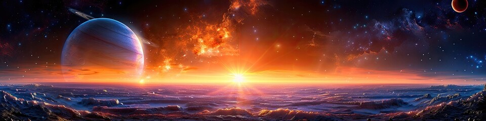 A beautiful sunset over a city with a large planet in the background