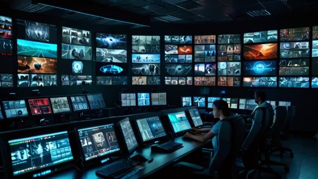 A security guard sits in front of a wall of monitors, watching the security cameras.