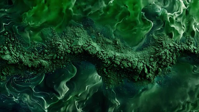 Aerial view of green spirulina powder, a natural immunity-boosting supplement. Concept Spirulina Powder, Immunity-Boosting, Green Superfood, Aerial View, Natural Supplement