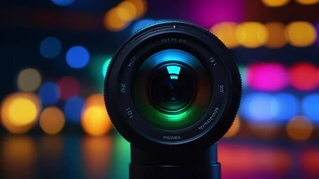A close up of the front of a camera lens with multicolored lights blurred in the background.