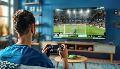A man is playing a video game on a television