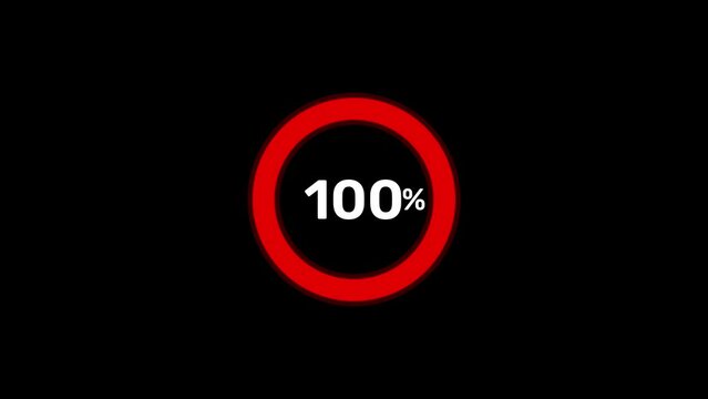 Circular percentage progress bar on transparent background. bright red loading circle ring animation. 0-100% - 4k - Alpha Channel