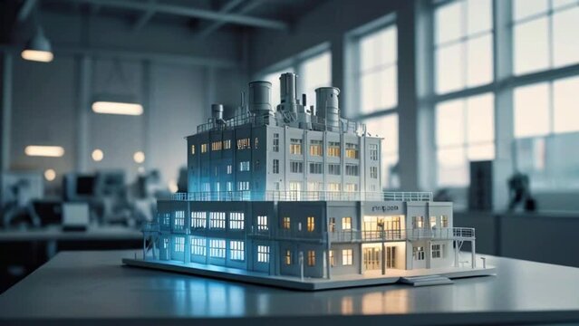 Video model of a factory building, made of white plastic, sitting on a table.