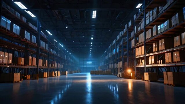 The video is of an empty warehouse with tall shelves on both sides. The floor is made of shiny concrete and there is a bright light in the distance.