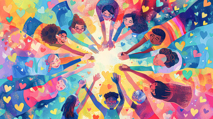 Obraz premium Celebrating Pride, Togetherness, and Love - Diverse Individuals Embracing Diversity and Acceptance in Vibrant Illustration