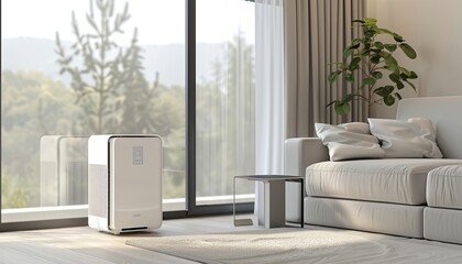 A white couch is in a living room with a white air purifier on the floor