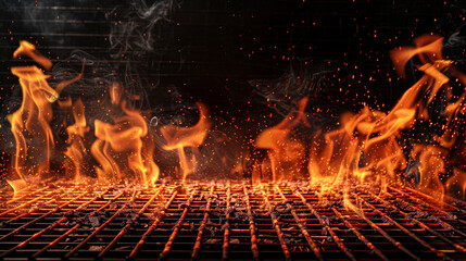Fiery Ambiance Burning Flames in Empty Space with Grid Patterns and Grate Symbolizing Eatery Concept