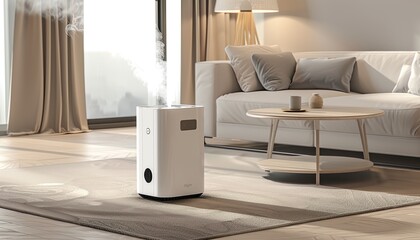 A white humidifier sits on a rug in a living room