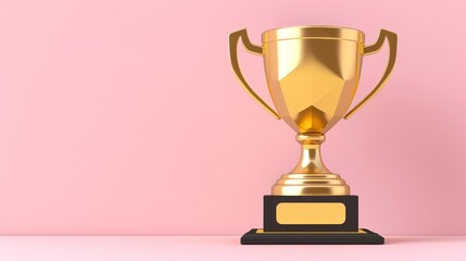 Winner, Golden Cup. A shiny golden trophy sits on a black base in front of a light pink background