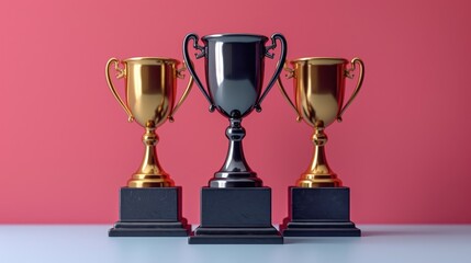 Fototapeta premium Winner, Golden Cup. A black trophy sits between two golden trophies on a white table. The background is a bright pink