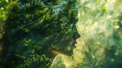 double exposure of beautiful woman face profile silhouette and green forest. Environment protection, saving forests, ecology, breathing exercises, mental health, unity with nature, meditation, calm