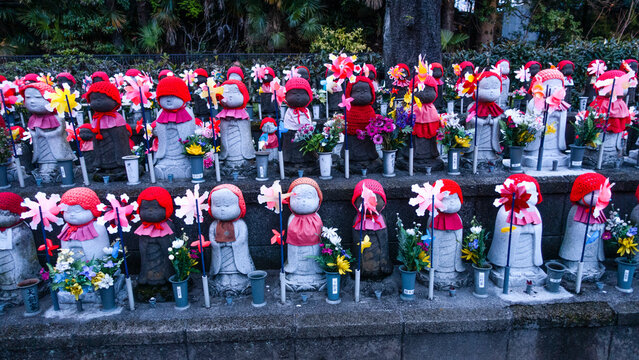 Tokyo, Japan APRIL 2024: Mizuko, Senjo-chori Jizosonson of Zojoji Temple (Minato-ku, Tokyo). Mizuko is the term used in Japan to refer to the souls of children who died before birth or shortly after.