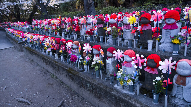 Tokyo, Japan APRIL 2024: Mizuko, Senjo-chori Jizosonson of Zojoji Temple (Minato-ku, Tokyo). Mizuko is the term used in Japan to refer to the souls of children who died before birth or shortly after.