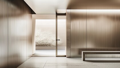 A room with a bench and a window