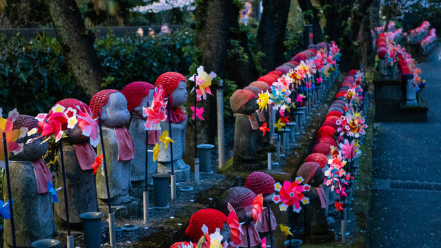 Tokyo, Japan APRIL 2024: Mizuko, Senjo-chori Jizosonson of Zojoji Temple (Minato-ku, Tokyo). Mizuko is the term used in Japan to refer to the souls of children who died before birth or shortly after.