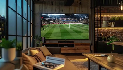 A living room with a large flat screen TV showing a soccer game