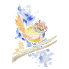 Watercolor sketch A bird on a branch