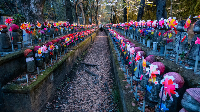 Tokyo, Japan APRIL 2024: Mizuko, Senjo-chori Jizosonson of Zojoji Temple (Minato-ku, Tokyo). Mizuko is the term used in Japan to refer to the souls of children who died before birth or shortly after.