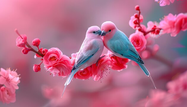 Valentine's day concept. Couple two birds are perched on a pink branch