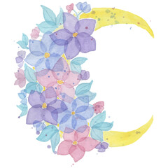 Watercolor illustration The Moon and Flowers