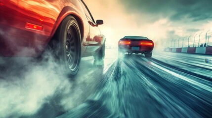 Two powerful drag racing cars in a high-speed competition on a track with dramatic lighting and smoke