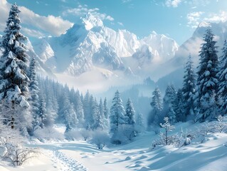 Enchanting Winter Wonderland Snow Capped Mountains and Serene Forests in a Peaceful Landscape