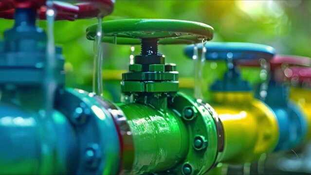 Automatic valves regulate water flow in pipeline for efficient distribution. Concept Irrigation Systems, Water Management, Pipe Valves, Efficient Distribution, Automation Technology