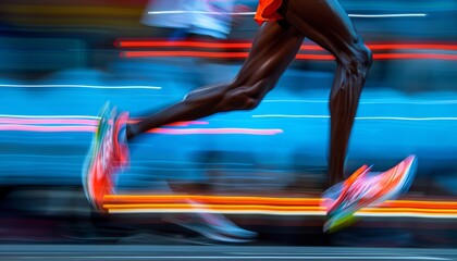 Blurred motion image of a runner's legs mid-stride during a nighttime race, showcasing speed and athleticism.
