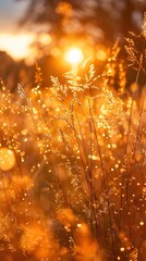 Golden Autumn Sunset Over Serene Grass Field Landscape