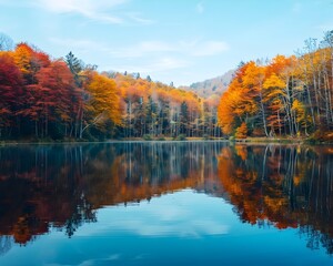 Fototapeta premium Stunning Autumn Lakeside Reflection Vibrant Fall Foliage Mirrored in Serene Waters