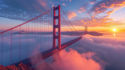 Fototapeta premium Golden Gate at dawn surrounded by fog,generative ai