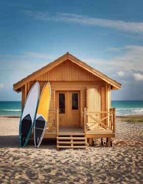 a little beach hut with Surfboards near the seashore