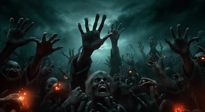 Zombies on graveyard. Cemetery background with scary monsters silhouettes and creepy gravestones.