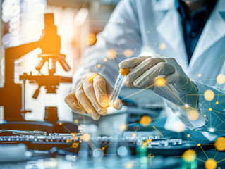 Genetic Engineering in Biotechnology Lab Hand Holding Vial of Genetically Modified Organisms