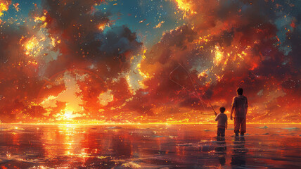 Fototapeta premium Father and son fishing in ocean surf at sunset,generative ai