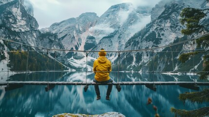 Man in yellow jacket sitting on a suspension bridge over a lake in Olpererhutte, Austria 