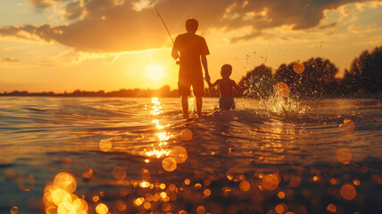 Father and son fishing in ocean surf at sunset,generative ai
