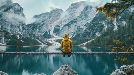 Man in yellow jacket sitting on a suspension bridge over a lake in Olpererhutte, Austria 