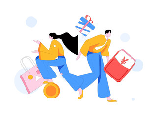 Holiday shopping people doing e-commerce online shopping flat vector concept operation hand drawn illustration
