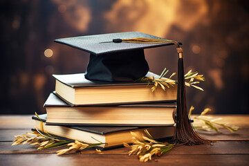 generated illustration close up of mortarboard on top stack of books