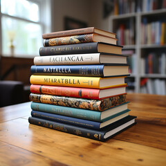 generated illustration close up Stack of hardcovered old books, on wood table