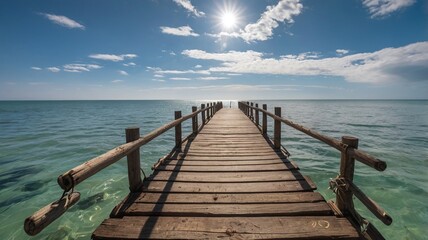Fototapeta premium A wooden pier stretches into the sea under a blue sky