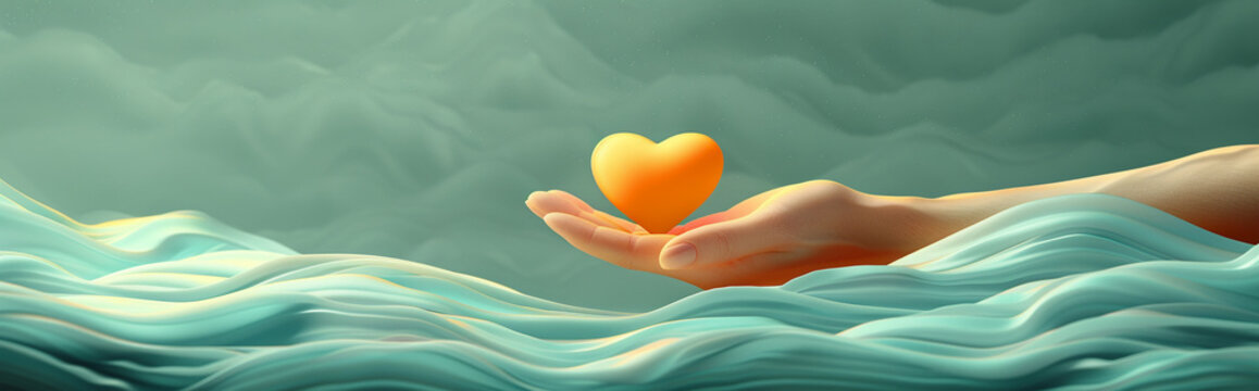 Hand Holding Heart Amidst Ocean Waves - Symbolizing Hope and Love - Ideal for Inspirational Posters and Cards
